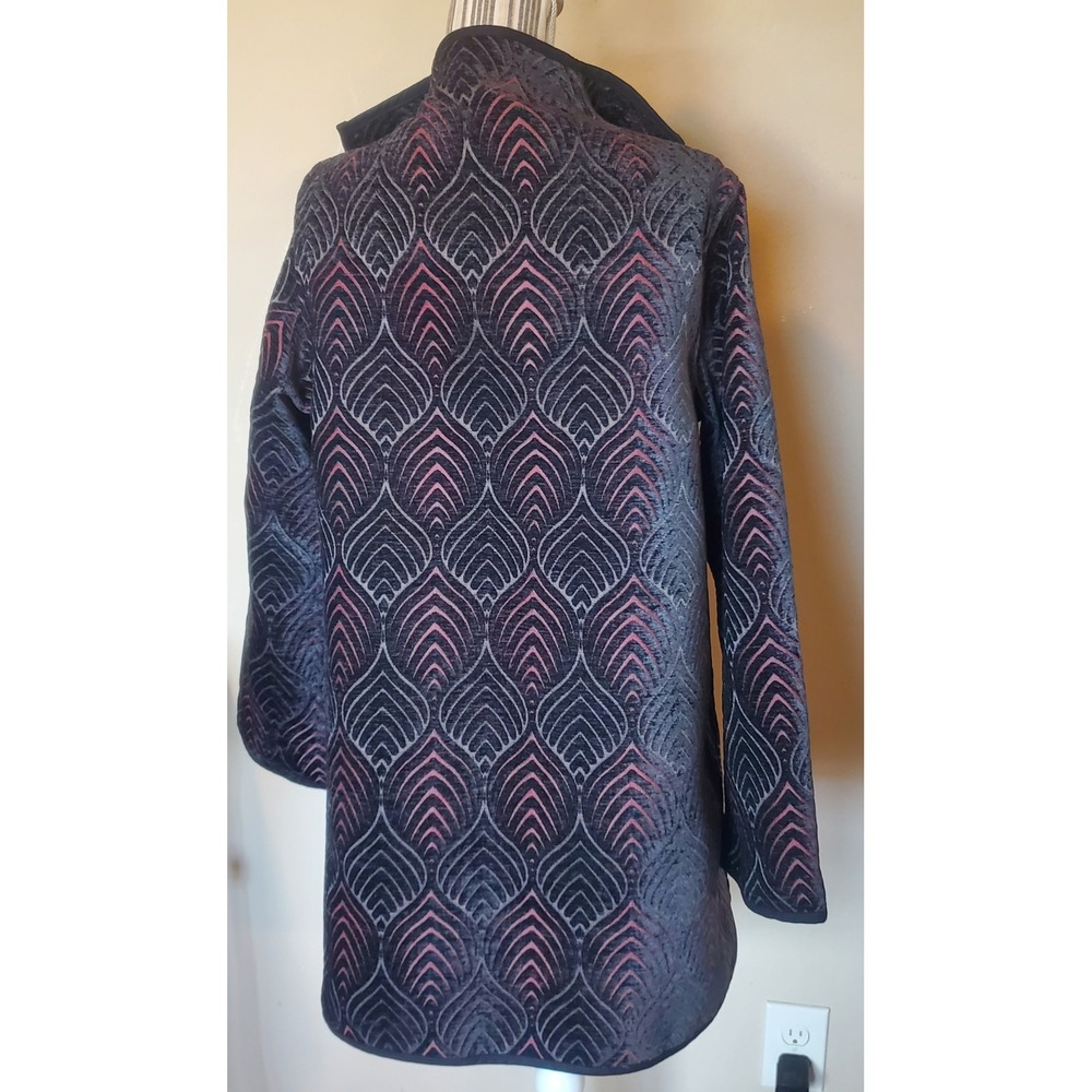 Winding River Burgundy Black Brocade Cotton Open Front Mock Neck Jacket 2 sided